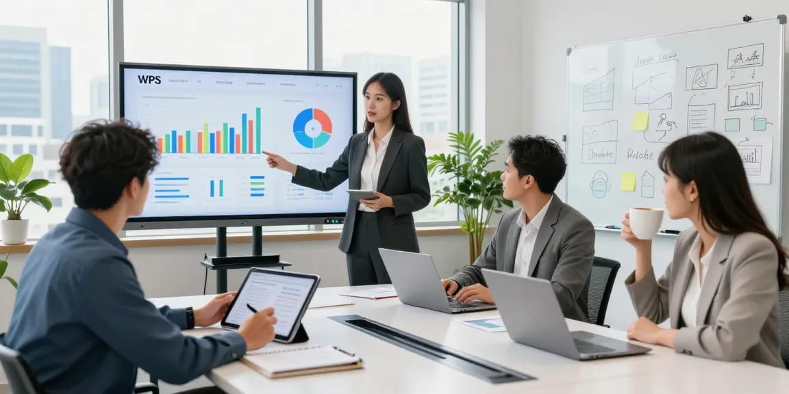 Diverse professionals collaborating around a conference table at the WPS Official Website workplace, showcasing teamwork and technology in a modern office.