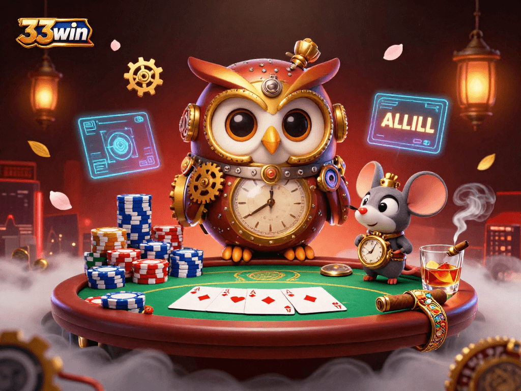 Experience the excitement of 33win with a lively 3D scene featuring an owl and casino elements.