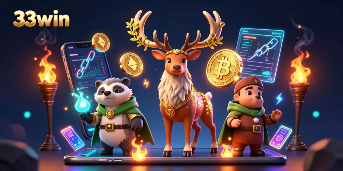 Experience 33win's captivating magical 3D scene with vibrant crypto-themed elements and engaging characters.