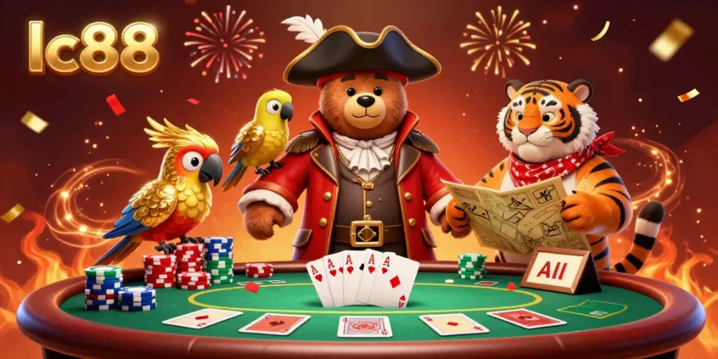Experience thrilling action at lc88 with a pirate bear and tiger at a poker table amidst lively celebration.
