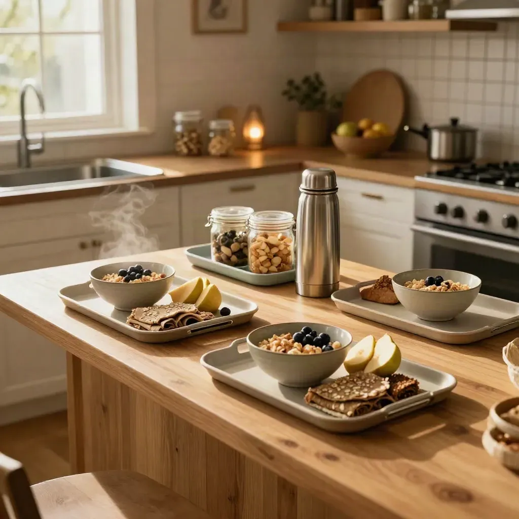Tre frukostbrickor och en termos i ett lugnt morgonkök