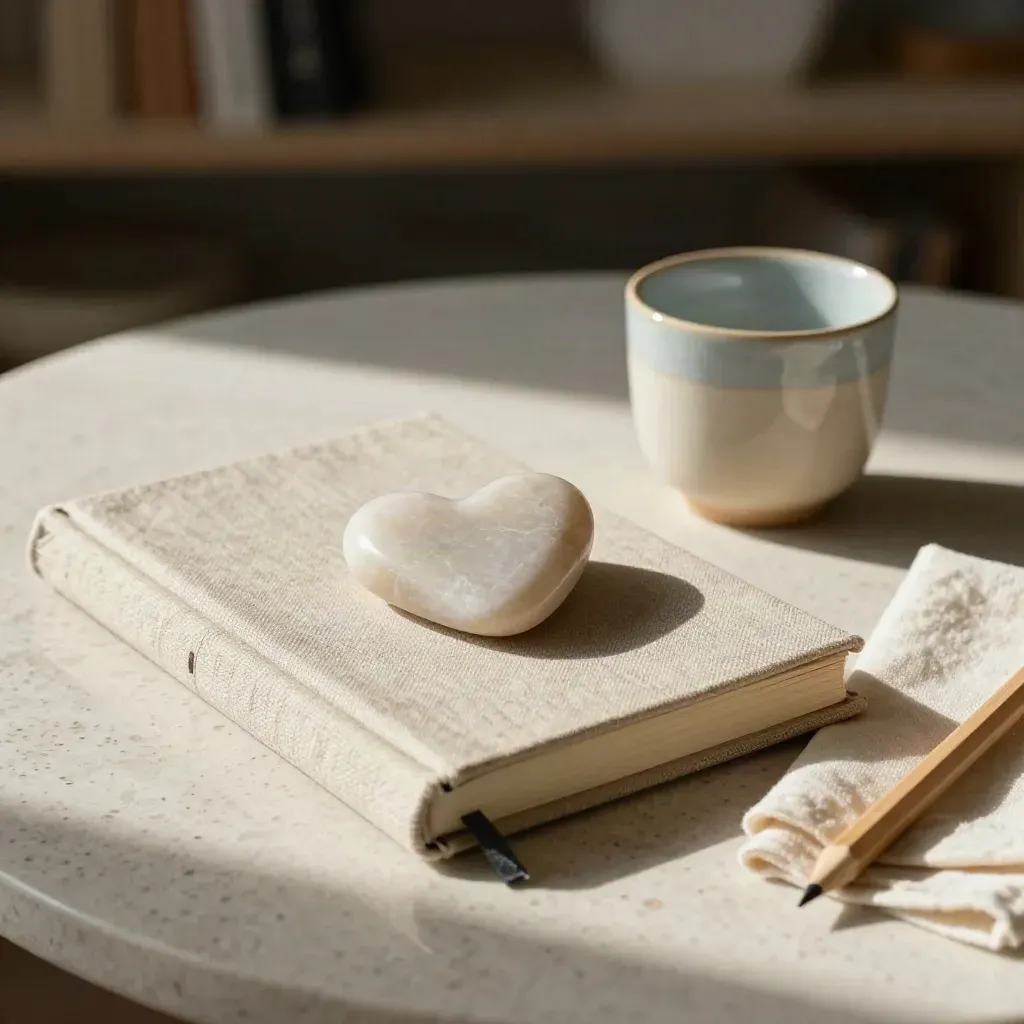 Linnebunden coachingjournal, stenhjärta, kopp och träpenna på travertin i lugnt ljus.