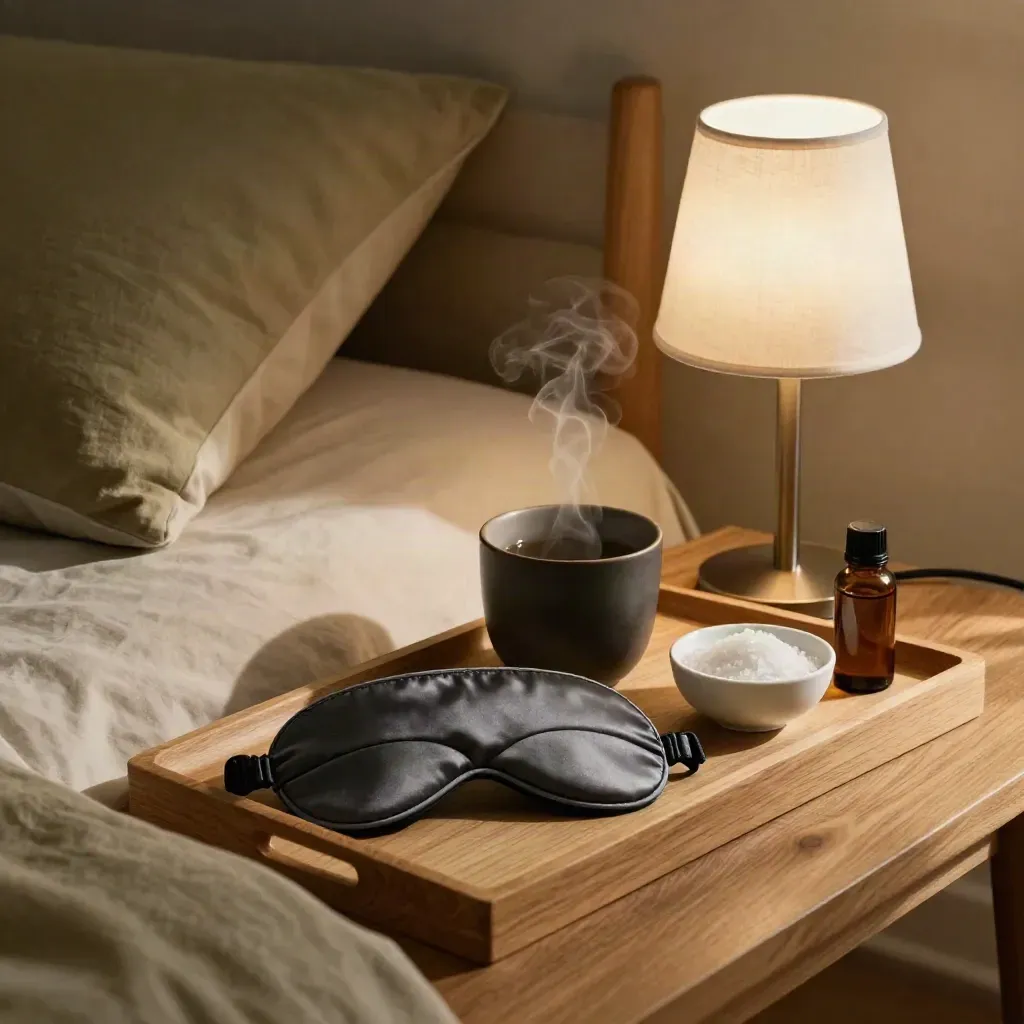 Sömnstation med ögonmask, kopp, saltskål, diffusor och liten lampa i mjuka skuggor.