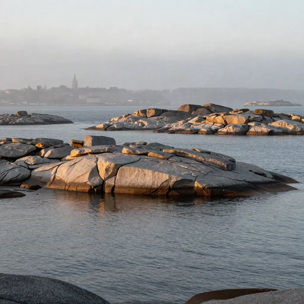 Stockholms skärgårdsgranite och fjärran stadssiluett i morgondimma över lugnt vatten.