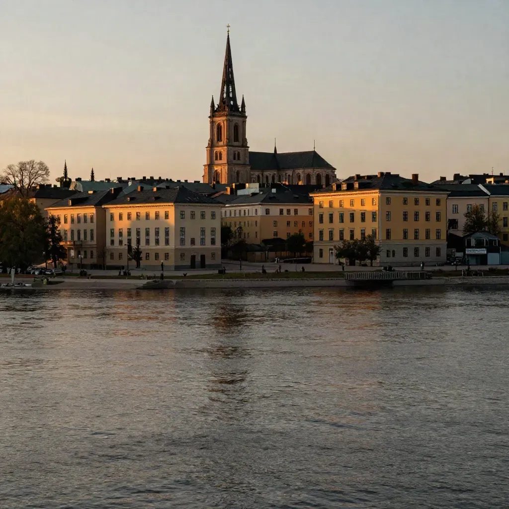 Uppsala domkyrka över Fyrisån i gyllene kvällsljus och lugn himmel.