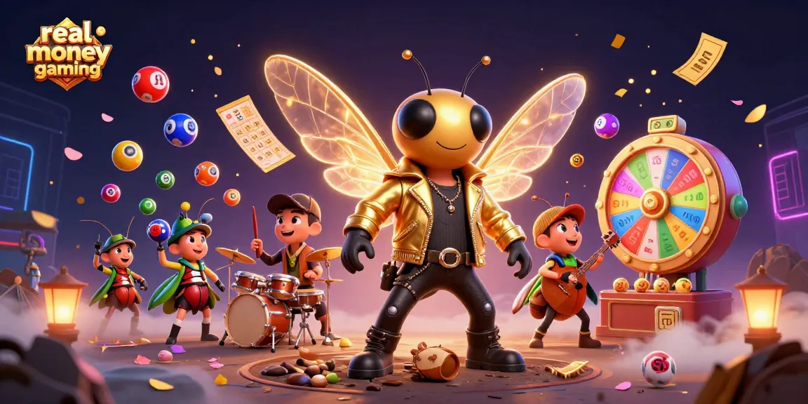 Experience real money gaming excitement with a cinematic 3D illustration of animated casino characters and game elements.