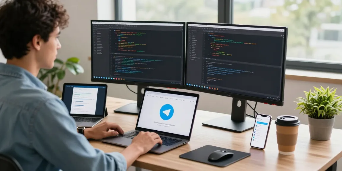 Telegram Download on developer's monitors in a modern workspace.