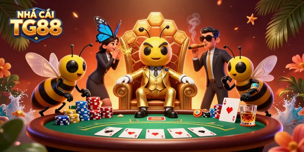 Experience the thrill at NHÀ CÁI TG88 with a vibrant casino setting featuring dynamic poker elements and characters.